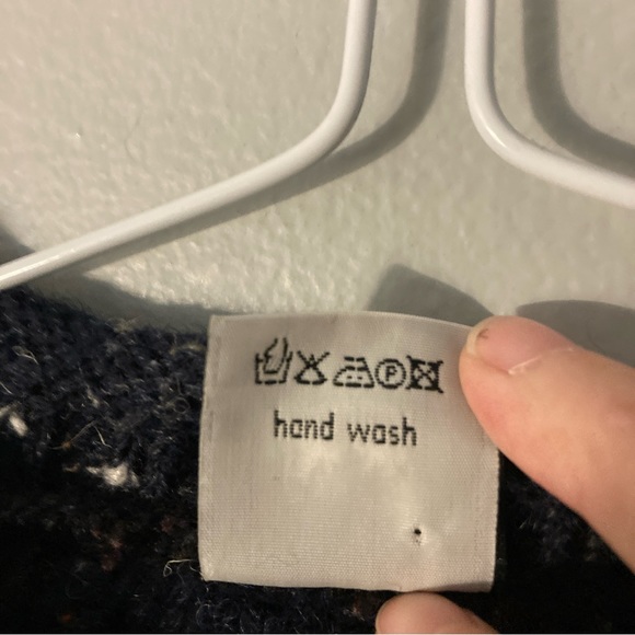 Blue speckled knit sweater faux cowl stitch wool Sz large thick knit heavyweight - Picture 4 of 5